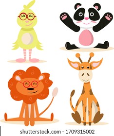 Set of animals, giraffe, panda, chicken, lion.