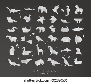 Set of animals grey origami snake, elephant, bird, seahorse, frog, fox, mouse, butterfly, pelican, wolf, bear, rabbit, crab, pig, turtle, penguin, giraffe, cat, panda, kangaroo on black background