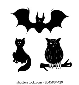 Set of animals for Halloween - cat, bat, owl. Vector elements for design. Doodle illustration.