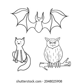 Set of animals for Halloween - cat, bat, owl. Vector. Doodle illustration.