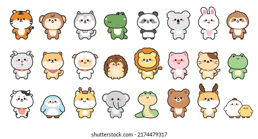 Set of animals hand drawn cartoon on white background.Wild,farm,pet animal colection.Cute character design.Happy.Smile face.Isolated.Kawaii.Vector.Illustration. - Shutterstock ID 2174479317