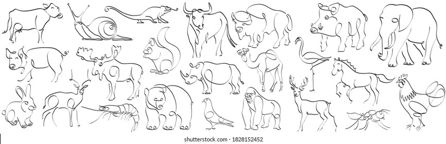 Set of animals in hand drawn minimalism style. Continuous line drawing vector illustration.