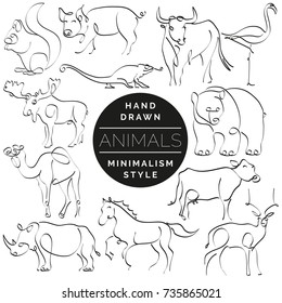 Set of animals in hand drawn minimalism style. Continuous line drawing vector illustration. 

