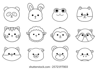 set of animals head doodle outline On white background