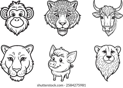 set of animals head line art vector