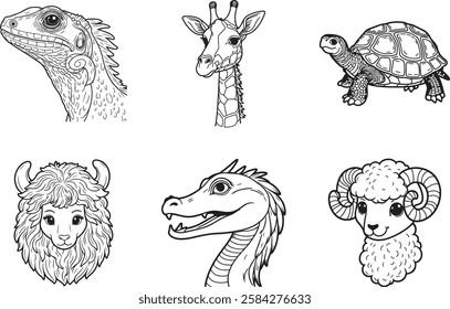 set of animals head line art vector