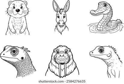 set of animals head line art vector