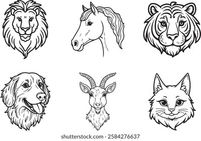 set of animals head line art vector