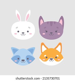 set with animals. head of a raccoon, rabbit, kitten and dog on a gray background. vector illustration, eps 10.