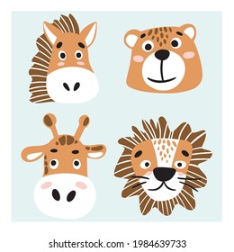 Set of animals heads, horse, giraffe, lion and bear in Scandinavian minimalist style for poster, cards, baby shower, invitation. Baby concept for nursery. Flat vector illustration.