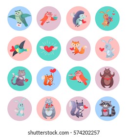 Set of animals with hearts and mails in round web buttons. Wolf with arrow, owl birds, white and brown bear, rabbit and hedgehog, red fox and squirrel, cat with raccoon. Valentines day concept vector