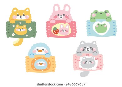 Set of animals hold candy package.Sweet.Dessert.Shiba inu dog,rabbit,frog,penguin,cat hand drawn.Cartoon animal character design.Kawaii.Vector.Illustration.