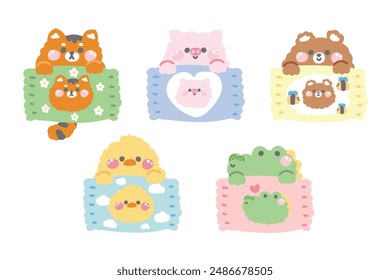 Set of animals hold candy package.Sweet.Dessert.Tiger,pig,teddy bear,crocodile hand drawn.Cartoon animal character design.Kawaii.Vector.Illustration.