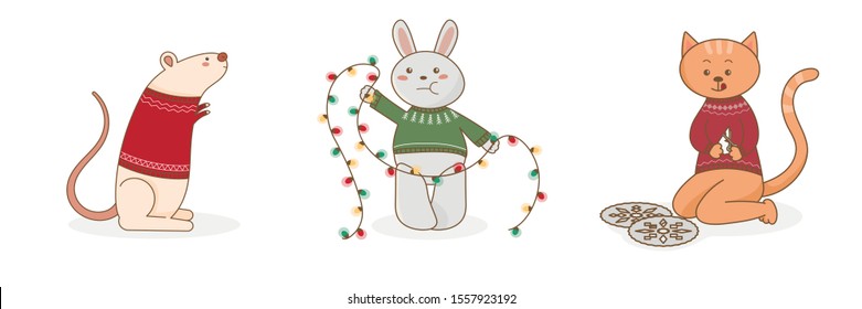 Set of animals in holiday sweaters. Rabbit with a garland, cat and paper snowflake, rat. Multi-colored sweaters with a pattern. Cartoon illustration on a white background.