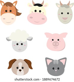 Set of animals. Horse, goat ram cow pig dog cat. Vector illustration in flat style