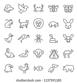 set of animals icon with simple line use for web and zoology infographic, editable stroke, nature, mammals, predator, insect, fish, wild life