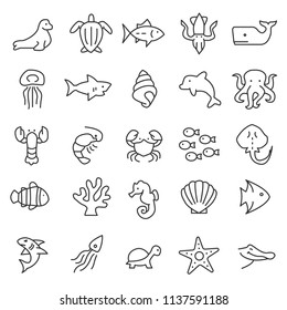 set of animals icon with simple line use for web and zoology infographic, editable stroke, nature, mammals, predator, insect, fish, wild life