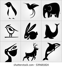 Set of Animals icons. Penguin, Bird, Pelican, Humming Bird, Rabbit, Deer, Elephant , Sea lion and Grampus icons