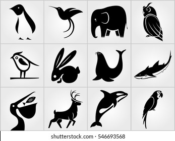 Set of Animals icons. Penguin, Bird, Pelican, Humming Bird, Rabbit, Deer, Elephant , Sea lion, Grampus, Owl, Shark and Parrot icons