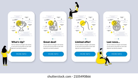 Set of Animals icons, such as Pet shampoo, Winner cup, Pets care icons. UI phone app screens with people. Dog competition line symbols. Cleaning shampoo, Dog competition, Shelter. Winner medal. Vector