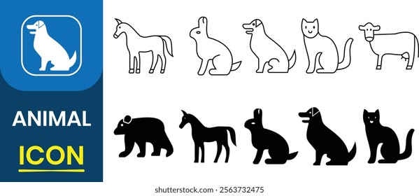 Set of animals icons vector. Animals silhouette collection. Zoo icons editable stroke, nature, mammals, web and zoology infographic. Vector illustration of animal.