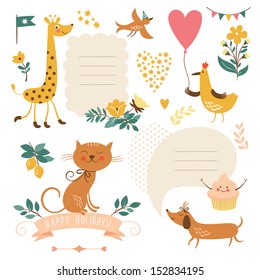 Set of animals illustrations and graphic elements for invitation cards, party invitation, holiday gifts