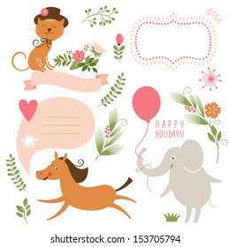 Set of animals illustrations and graphic elements for invitation cards, party invitation, holiday gifts, birthday cards