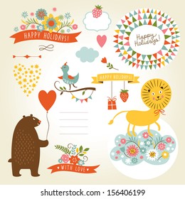 Set of animals illustrations and graphic elements for invitation cards, party invitation, holiday gifts, birthday cards