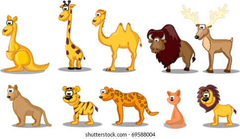 set of animals, including kangaroos, giraffes, camels, deer, cougar, lion, tiger, jaguar, cat, bison