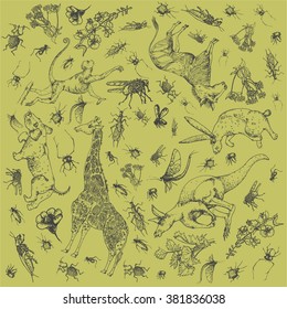 A set of animals, insects, plants, inscribed in a circle. Vector.