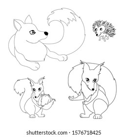 Set of animals isolated on white background. Fox, hedgehog and squirrels cartoon illustration for coloring books