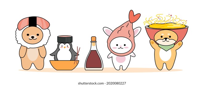 Set of animals with japanese food on head on white background. Hand drawn rabbit, dog, penguin, bear. Cute cartoon character design. Animal doodle. Flat cartoon vector illustration