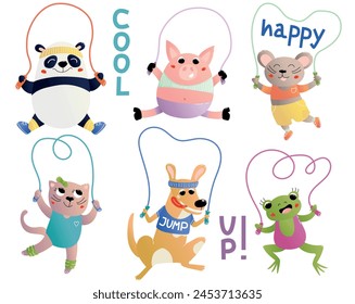 Set of animals jumping rope. Adorable pets and wild beasts skipping. Collection of stickers with pig, cat, dog, frog, mouse and panda. Cartoon flat vector illustrations isolated on white background