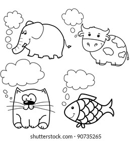 set of animals, like fish, cow, cat, elephant with speech bubble, cartoon, line art, coloring