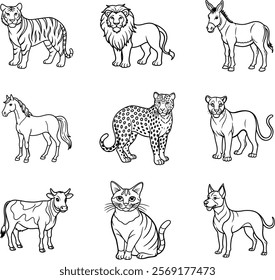 Set of animals line art vector on white background.