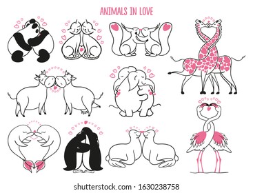 SET OF ANIMALS IN LOVE AMBRACING AND KISSING: PANDAS, CATS, SQUIRRELS, COWS, ELEPHANTES, DOLPHINS, PENGUINS, SEALS, GIRAFFES AND FLAMINGOES