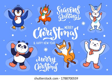 Set von Tieren, die Schneegel auf blauem Hintergrund mit Schneeflocken machen. Benommene Charaktere: ein Pinguin, ein Eisbär, ein Fuchs, ein Panda, ein Eichhörnchen, ein Hase für Weihnachtskarten usw. Vektorgrafik