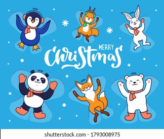 Set of animals making snow angels on blue background with snowflakes. Funny characters: a penguin, a polar bear, a fox, a panda, a squirrel, a bunny for Christmas cards etc.  Vector illustration