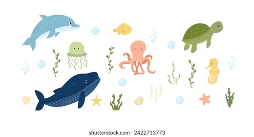 Set of animals marine life. Sea life. Cute whale, turtle, octopus, jellyfish, seahorse. Algae and seashells. Vector illustration in cartoon style isolated on white background.
