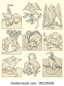 Set of animals and medieval scenes, real and mythological, vector illustration