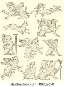 Set of animals and medieval scenes, real and mythological, vector illustration