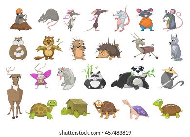 Set of animals - mole digging earth, rat drinking coffee, beaver gnawing log, panda eating bamboo, turtle with house and rugby ball instead of shell. Vector illustration isolated on white background.