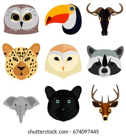 Set of animals muzzle color flat icons for web and mobile design
