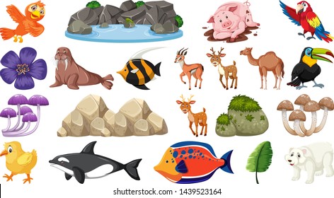 Set of animals and nature objects illustration