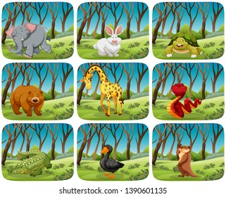 Set of animals in nature scenes illustration