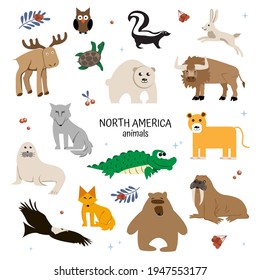 set of Animals of North America. Educational poster for children. flat cartoon design. fox, wolf, bison, grizzly, skunk, owl, walrus, eagle, seal, elk, hare, crocodile