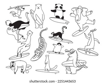 Set of animals on surfboards. Collection of cute animals on the waves. Beach holidays. Ocean vacation. Watersport. Vector illustration of active recreation.