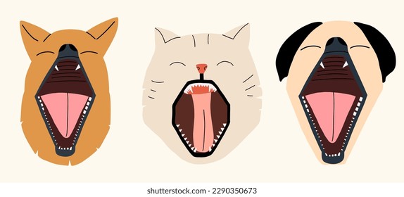 Set of animals with open mouth. Dogs and cats yawn. Funny pets close-up. Design elements. Vector illustration in hand drawn style