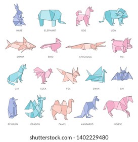 Set of animals origami figures in geometric flat outline style, vector illustration isolated on white background. Origami paper art icons collection or polygonal design of animals