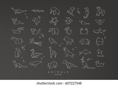 Set of animals origami in flat style snake, elephant, bird, seahorse, frog, fox, mouse, butterfly, pelican, wolf, bear, rabbit, crab, horse, fish, monkey, pig, turtle, kangaroo on black background